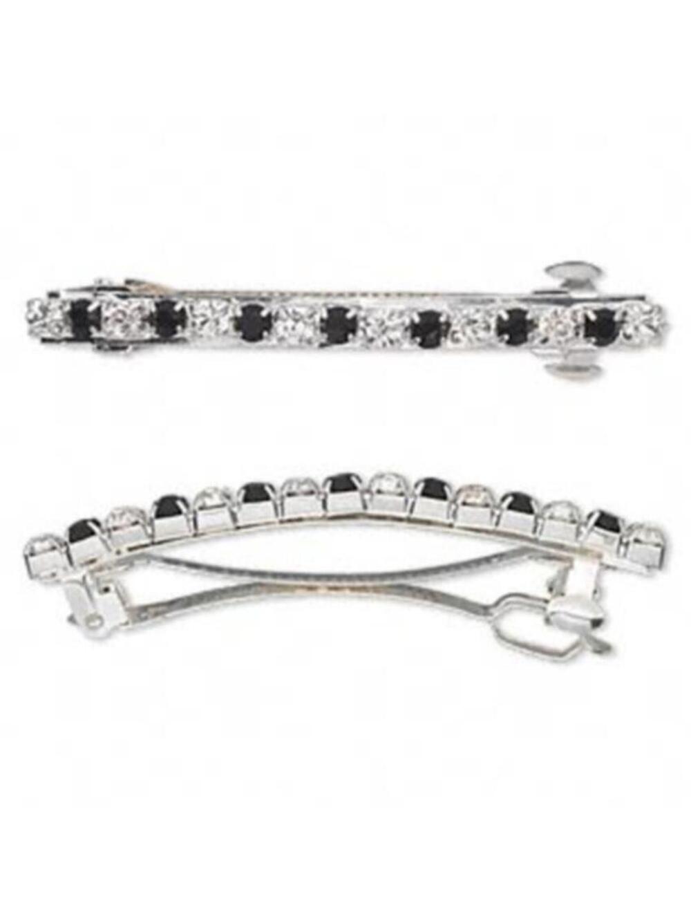 Vintage Egyptian Crystal Rhinestone Hair Barrette Black Clear Silver Plated